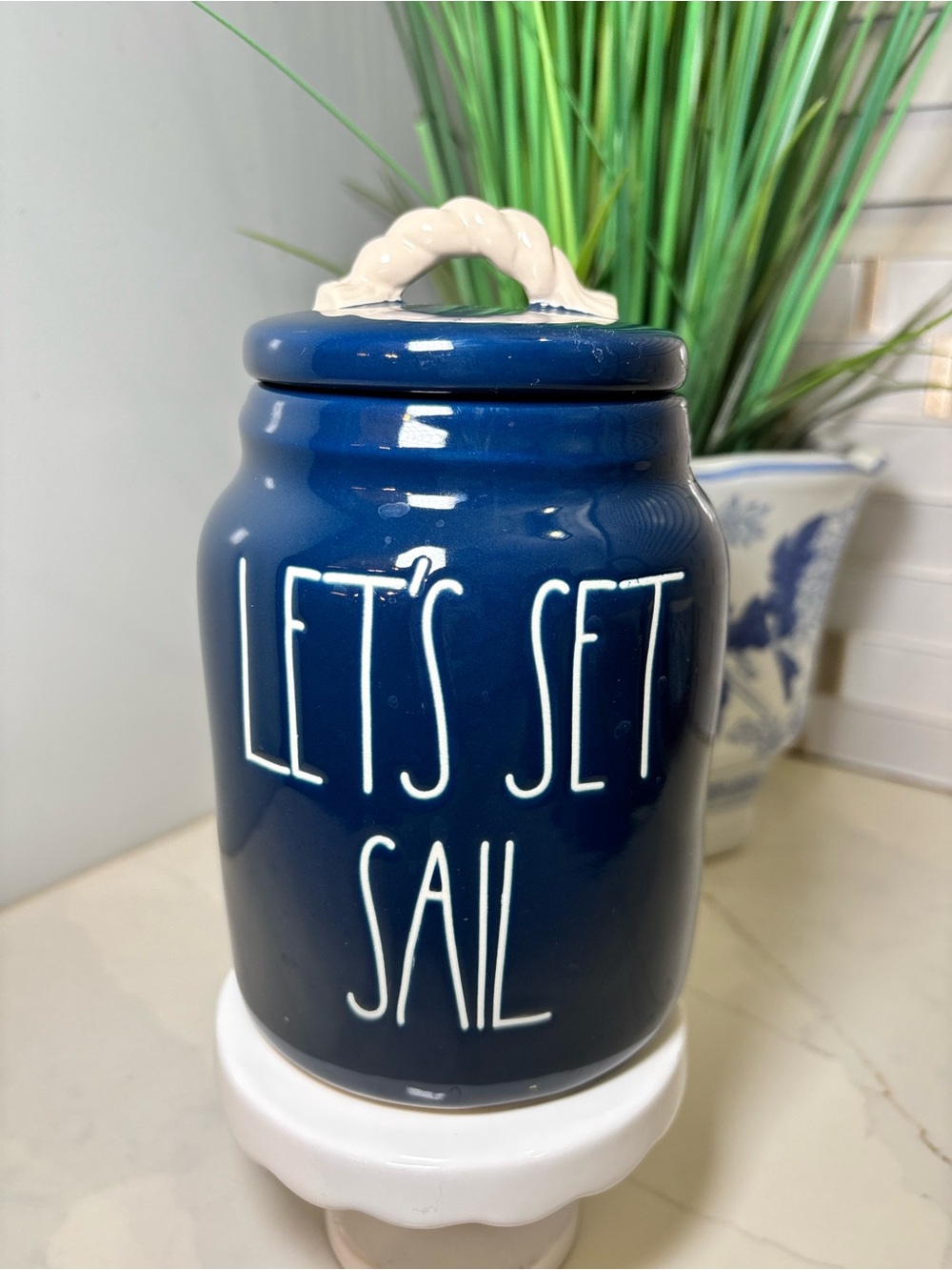 Rae Dunn Navy Ceramic Jar "LET'S SET SAIL" with White Handle